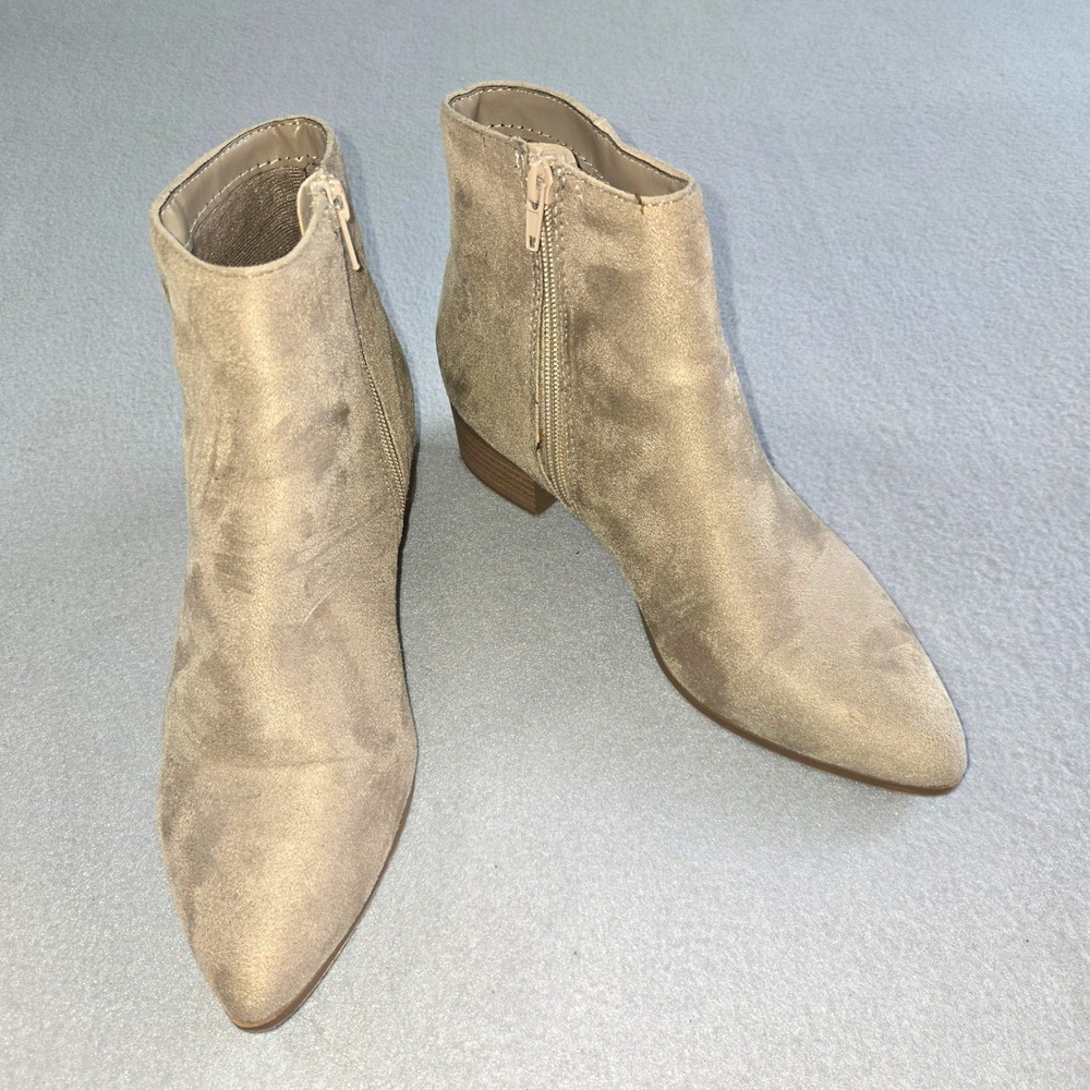 City Classified Ankle Boots Women 7.5 Taupe Faux Suede Pointed Toe Block Heel